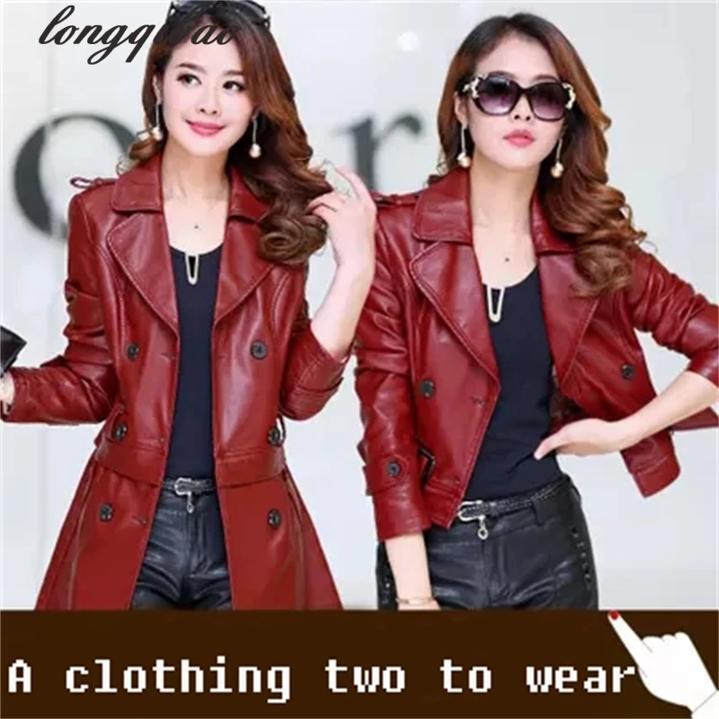 

Spring and Autumn new women in the long section of leather Haining leather windbreaker large size leather jacket TB71