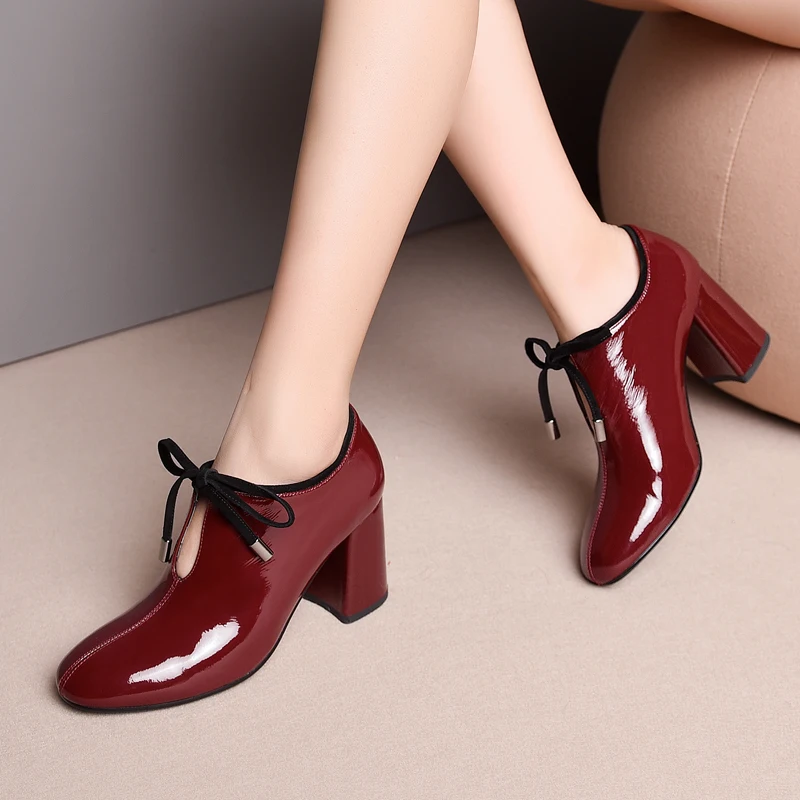 

Elegant Vintage Patent Leather Chunky Heel Genuine Leather Pumps Lace Up Spring Autumn Retro Style Platform Pumps Ladies Shoes