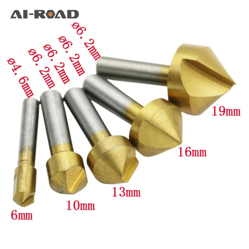 

5 Pcs Countersink Drill Bit Set Hex Shank HSS 5 Flute Countersink 90 Degree Wood Chamfering Cutter Chamfer 6mm-19mm