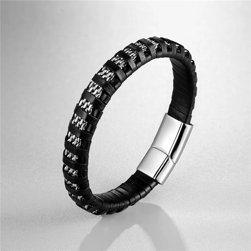 Модный черный плетеный браслет из натуральной кожи, Мужская цепочка, браслеты с магнитной застежкой из нержавеющей стали, мужские ювелирные изделия, подарки, браслеты
