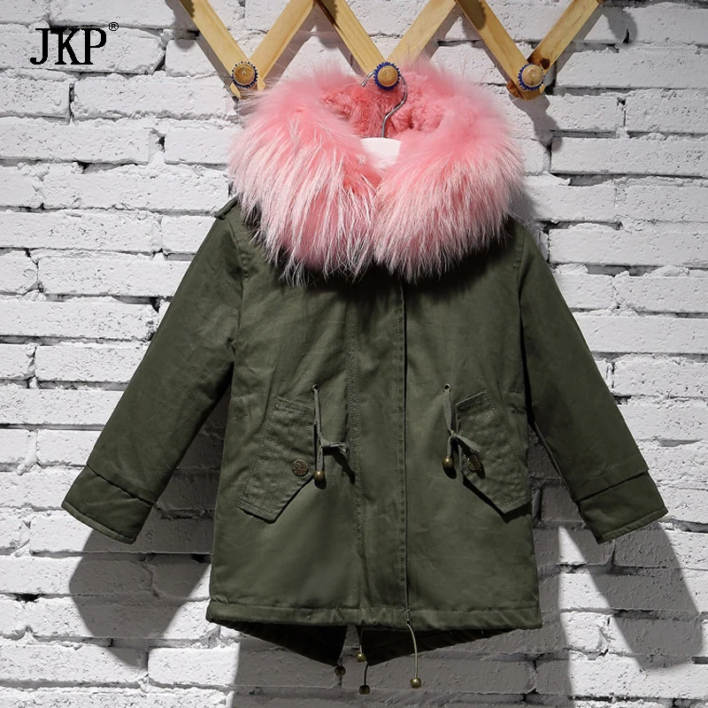 Children army green Large raccoon fur collar hooded baby fur coat