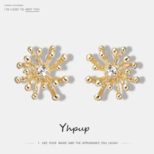 Yhpup S925 классический корейский минималистичный Купер Солнечный цветок серьги-гвоздики Стразы Brincos очаровательные ювелирные изделия для женщин вечерние подарок