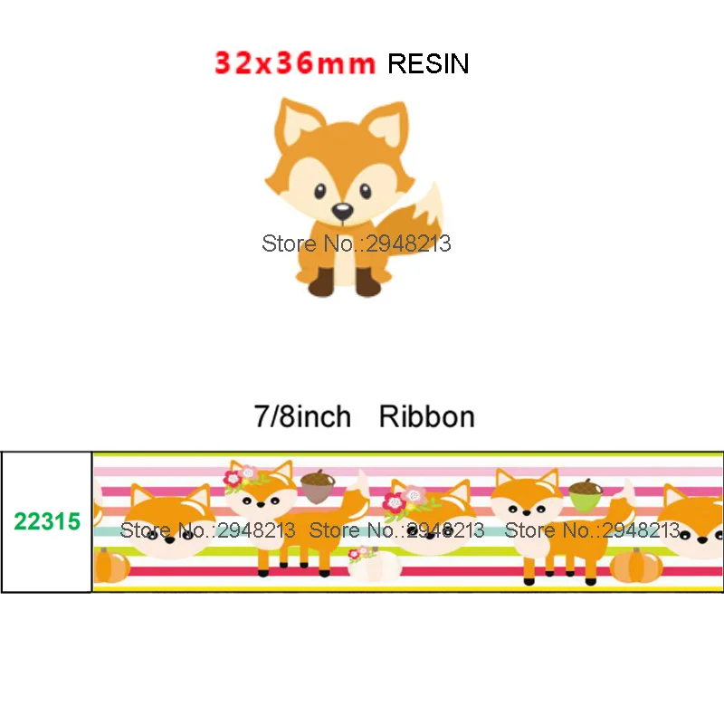 

printed cartoon fox grosgrain ribbon and resin sets 7/8inch 50yard ribbon and 50pcs resin 1sets REB450