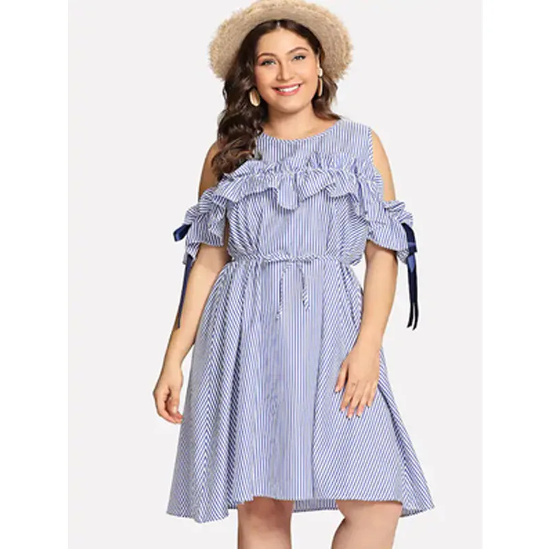 

2019 New Spring Summer European Style Women Dresses Striped Off The Shoulder Ladies Robe Ruffles Bow Street Vestidos Plus Size