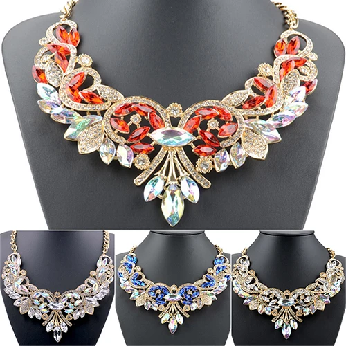 New and fashion Colorful Rhinestone Flower Pendent Chain Choker Statement Collar Bib Necklace |