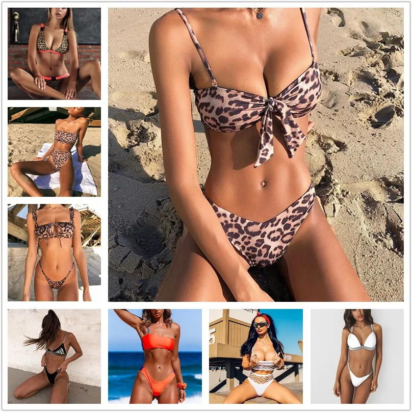 

XREOUGA Women Sexy Bikini Shiny Glitter Female Swimwear Leopard Swimsuit Summer Beach Brazil Bandeau Bather Biquini Bathing Suit