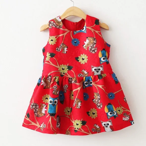 

Girls dresses sleeveless Owl Print flower Embroidery Jacquard weave Vest dress children'clothing party meninas aias