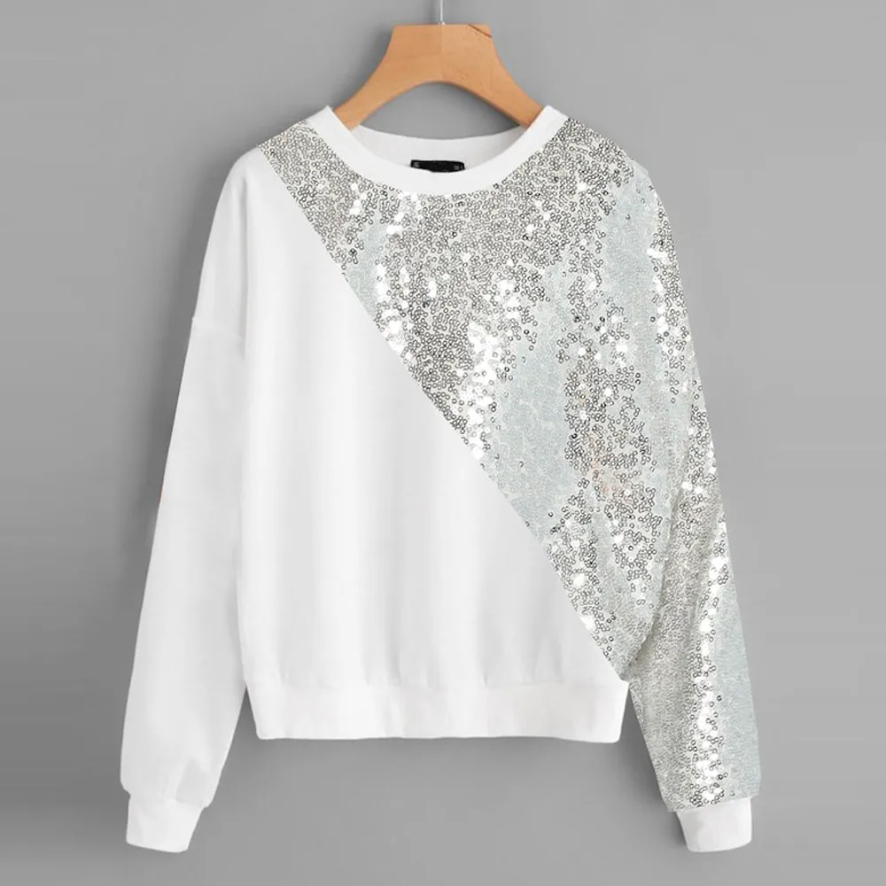Fashion Women Blings Sequins Color Block O Neck Patchwork Sweatshirt