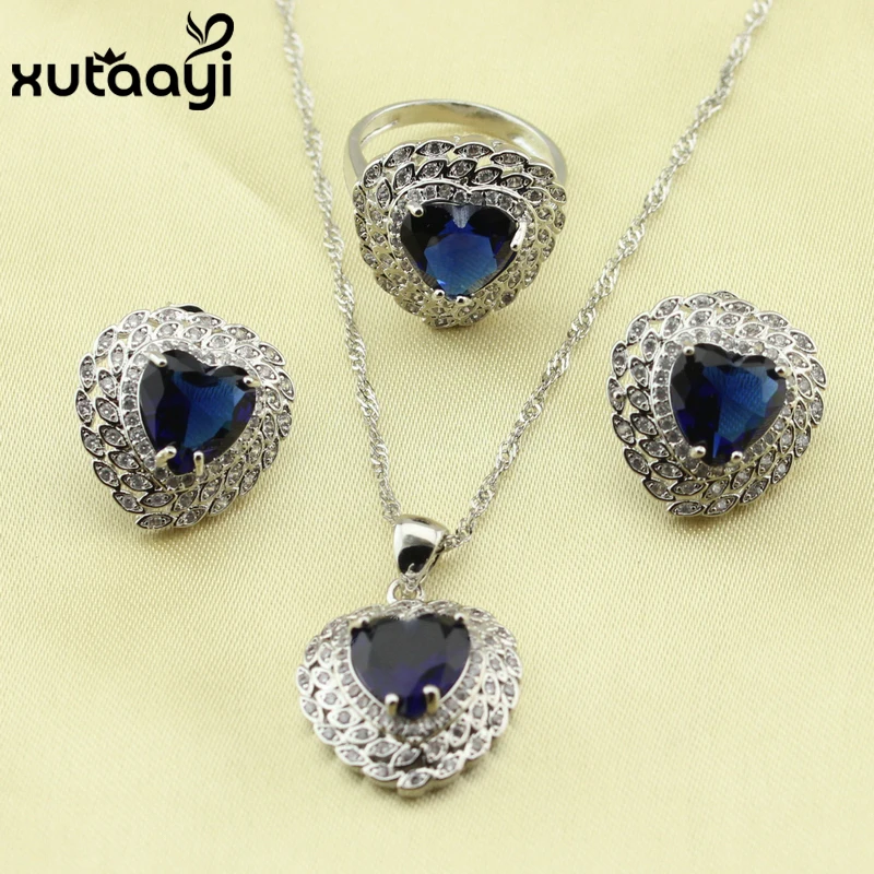 XUTAAYI Top Quality 925 Silver Jewelry Sets Blue Created Sapphired Flawless Necklace/Rings/Earrings/Bracelet For women - Image 2