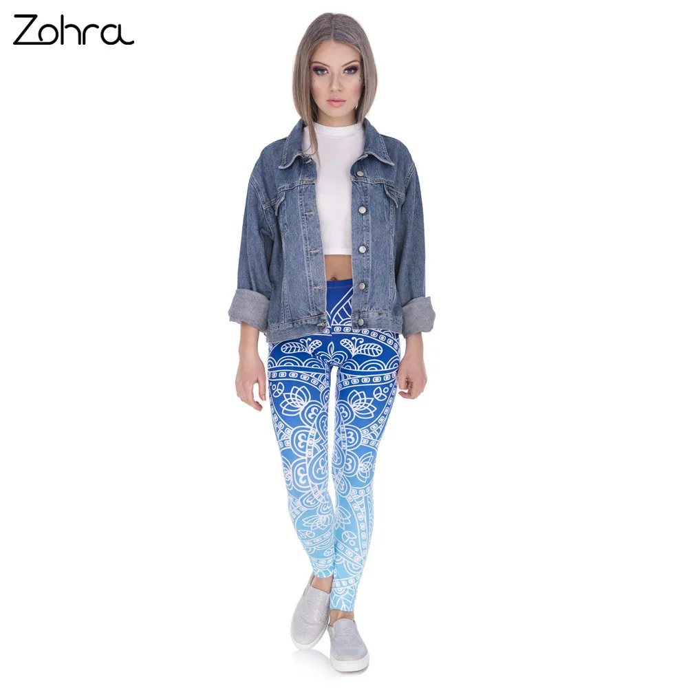 Zohra Hohe Qualität Frauen Legins Mandala Ombre Blau Druck Legging Mode Lässig Hohe Taille Frau Leggings