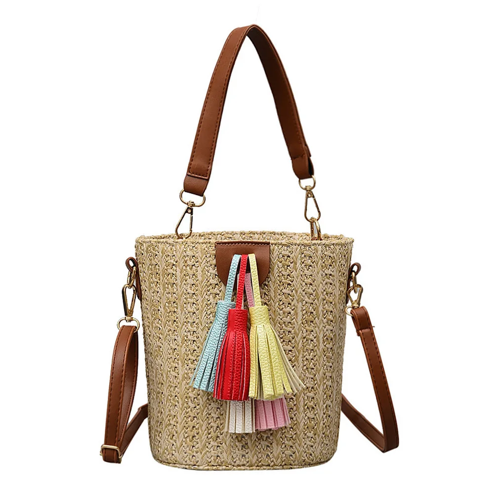 

2019 New National Wind Straw Fringed Bucket Bag Hundred Draw Strap Type Handheld Single Shoulder Oblique Carry Small Bag