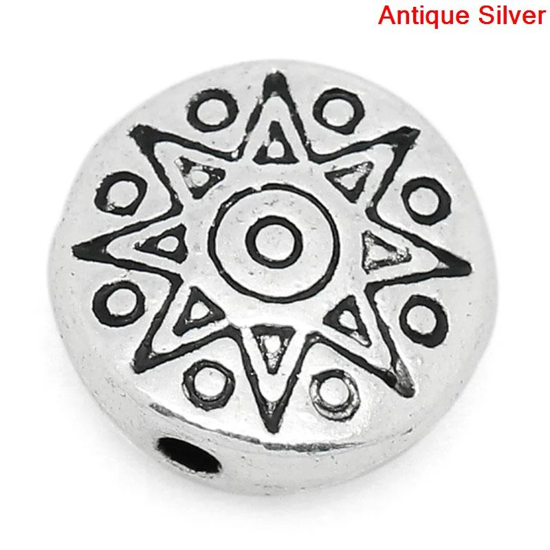 

DoreenBeads Spacer Beads Round antique silver color Sun Pattern Carved 10mm Dia,Hole:Approx 1.4mm,50PCs (B27995)