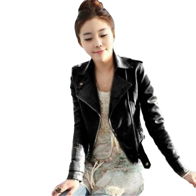 

2017 New Spring Autumn Women's Zipper Coat Pink PU Leather Jacket Fashion Turn down Collar Ladies Leather Coats Outerwear SF001