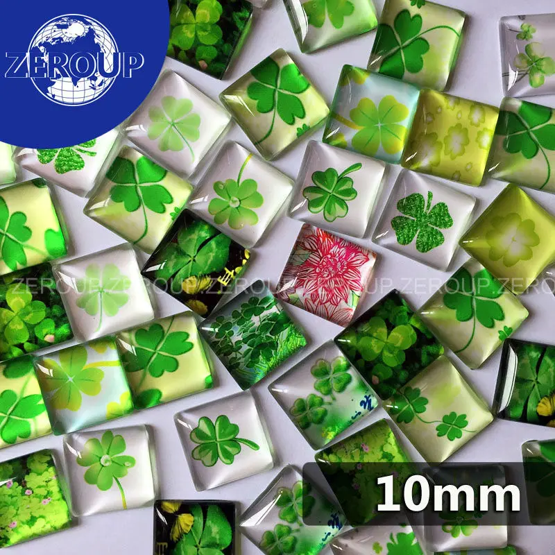 

50pcs/lot 10mm clear square glass cabochon four leaf clovers pattern mixed color fit cameo base setting