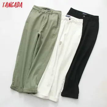 

Tangada women casual solid jeans pants pockets high waist straight trousers stylish black white and amy green trousers 3T03
