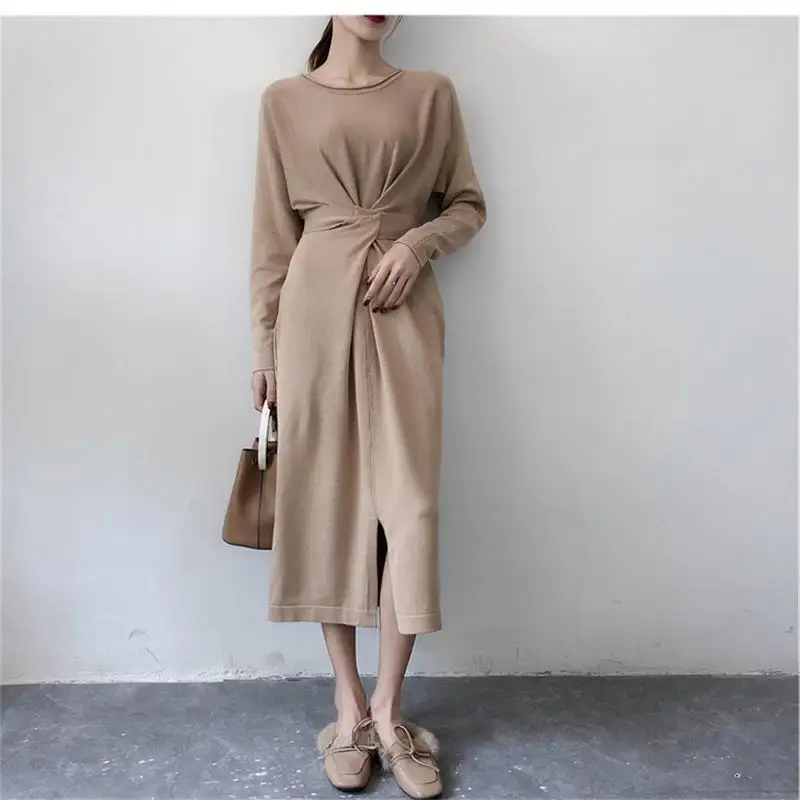 

2018 Pop Autumn and winter European Style Elegant casual Knitted Long Sleeve High Slit Ribbed Dress Women Fall Dresses
