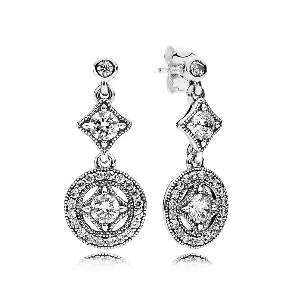 

Real 925 Sterling Silver Vintage Allure Pandora Original Drop Earrings With Clear Cubic Zirconia For Women Charm Gift Jewelry