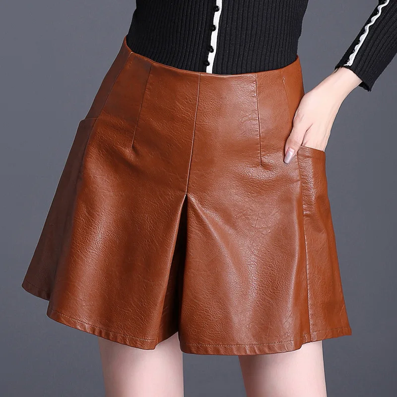 Shuchan Shorts Skirts Pu Leather High Waisted Shorts Femme