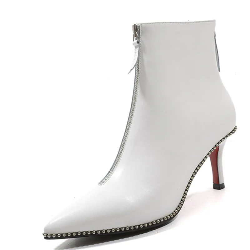 blanc En Chaussures Femme Martin Automne Bottes Véritable Noir Rivets Femmes Chaud Punk Bout Cheville Hauts Talons Hiver Cuir Conasco1fashion Pointu wqHYP7