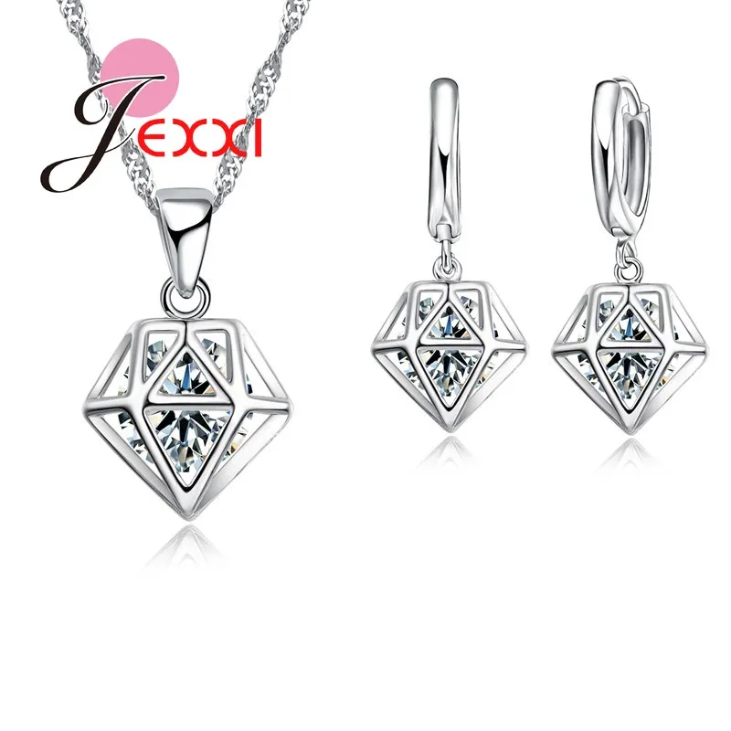 

New Arrival 925 Sterling Silver Bridal Wedding Accessories Geometric Design Cubic ia Pendant Necklace Earrings Sets