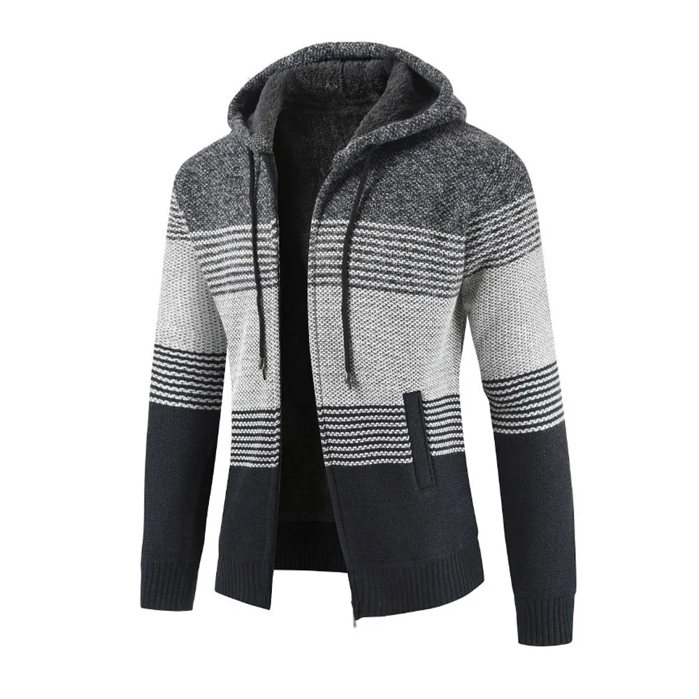 

Mens Winter Cardigan Striped Zipper Hoodie Outwear Tops Sweater Blouse Coats