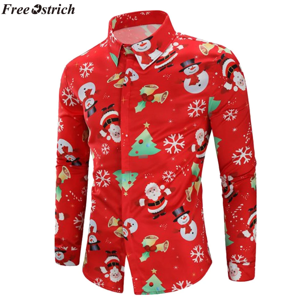 

FREE OSTRICH Men Shirts 2019 New Casual Snowflakes Santa Candy Printed Christmas Shirt Top Blouse shirt camisas hombre
