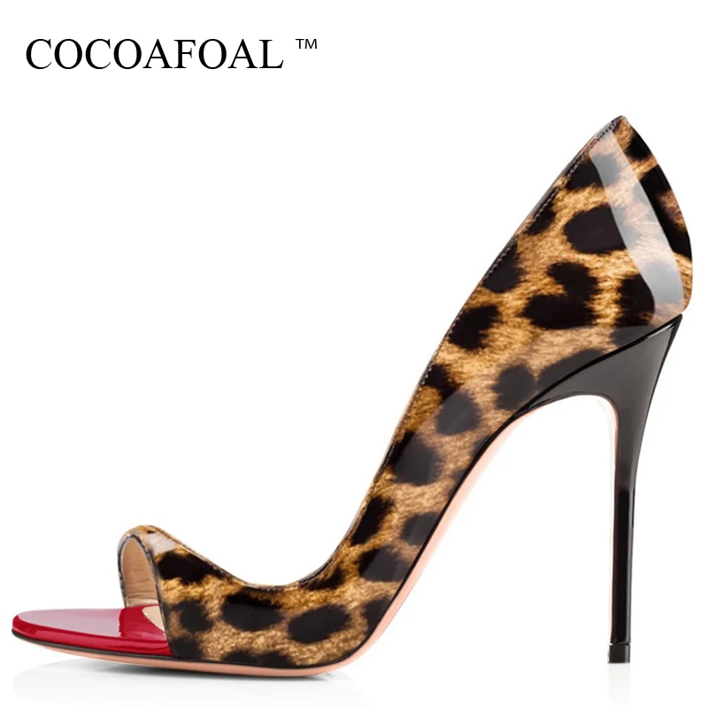 

COCOAFOAL Women Peep Toe Leopard Sandals Plus Size 43 Purple High Heels Sandals Sexy Patent Leather Summer Blue Open Toe Pumps