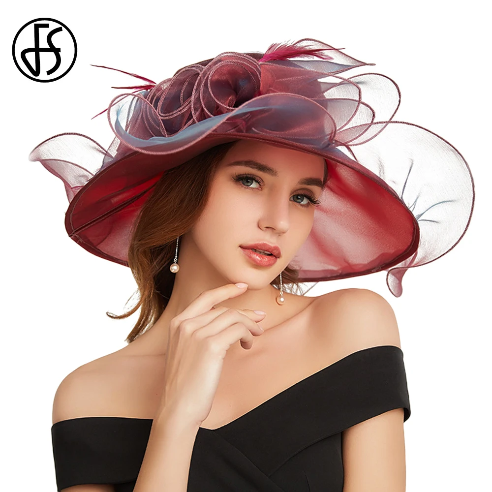FS органза солнцезащитные шляпы для женщин элегантные большие широкие поля Кентукки Дерби шляпа дамы шляпы-федоры для посещения церкви большие цветочные летние пляжные кепки