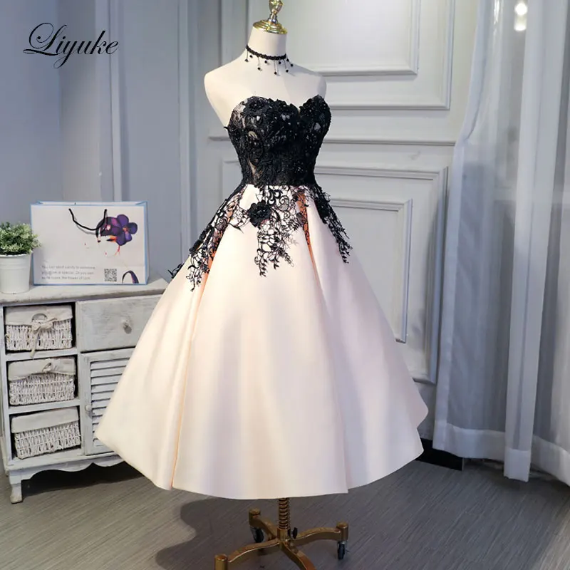 Liyuke Ruched Mix Black На Заказ новое платье для выпускного вечера A Line праздничное платье без бретелек до колена на шнуровке вечерние платья