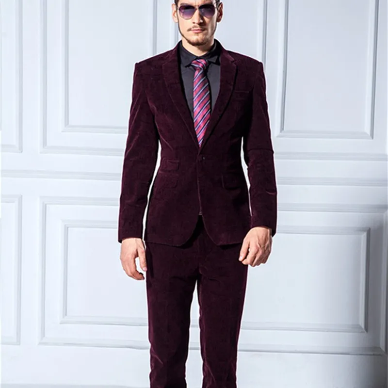 

2017 Slim Fit Groom Tuxedos Burgundy Groomsmen Notch Lapel Men Wedding Suit Best velvet Mens Suits (Jacket+Pants+Tie+Girdle)