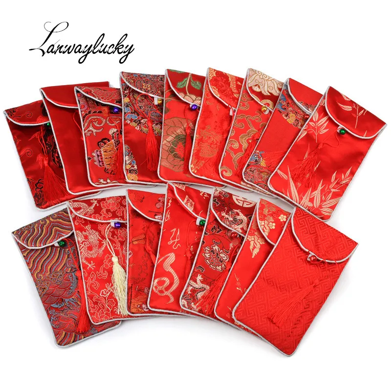 

30pcs/lot 17x9cm Rectangle Chinese Style Handmade Silk Brocade Lucky Tassel Jewelry Pouches Collected Beads Gifts Bags With Bell