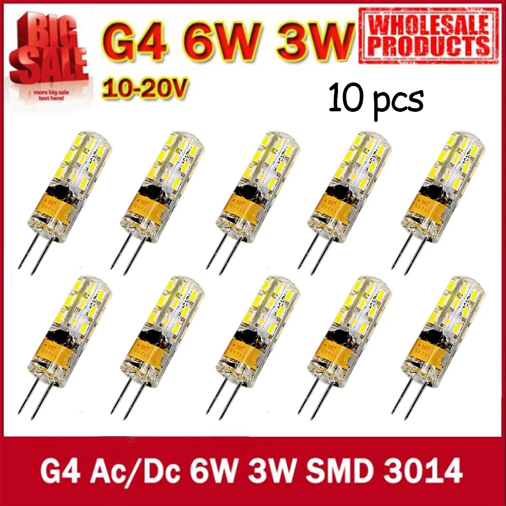 

Pack of 10 Fast Ship 10pcs 540 Lumen 3W 6W G4 LED 12V 24V AC DC 24 X3014 SMD Bulb Lamp free shipping