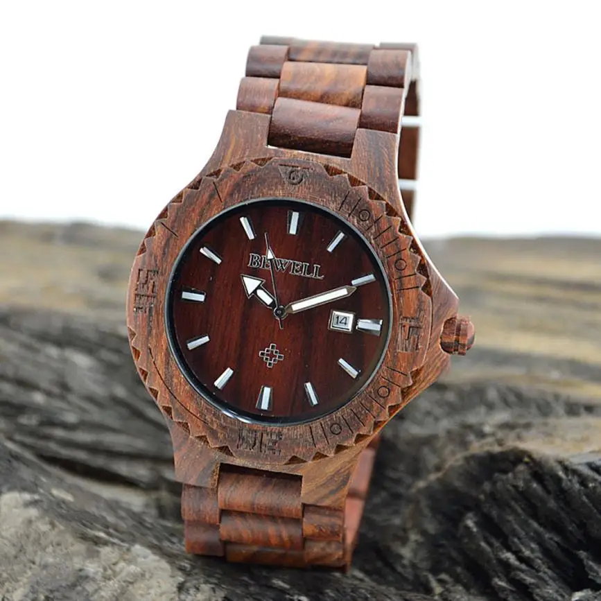 

Men's Natural Wooden Wristwatch Wood Watch Quartz with Date + Box Brown#918