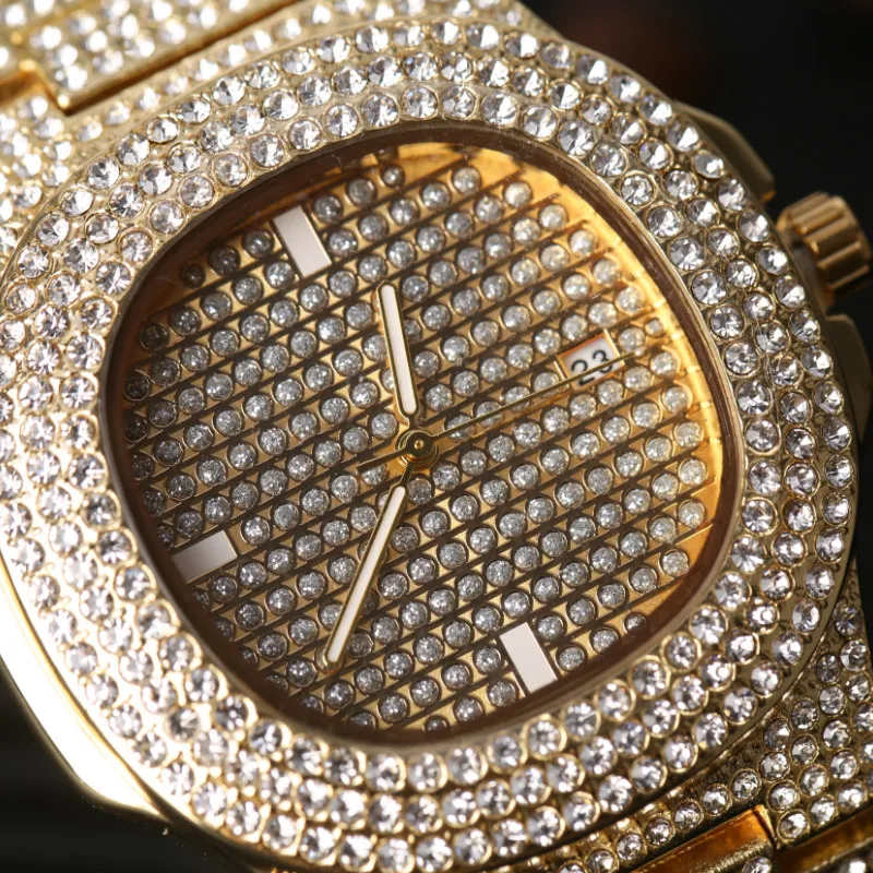 Мужские часы, модные, с бриллиантами, Автоматическая Дата, кварцевые часы для мужчин, золото, нержавеющая сталь, хип-хоп, мужские часы, Топ бренд, роскошные часы