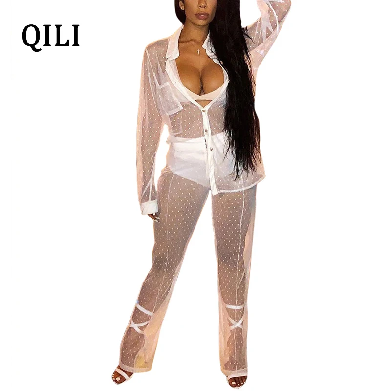 QILI Sexy See Through Transparent Mesh Jumpsuits 2 Piece Set Shirt