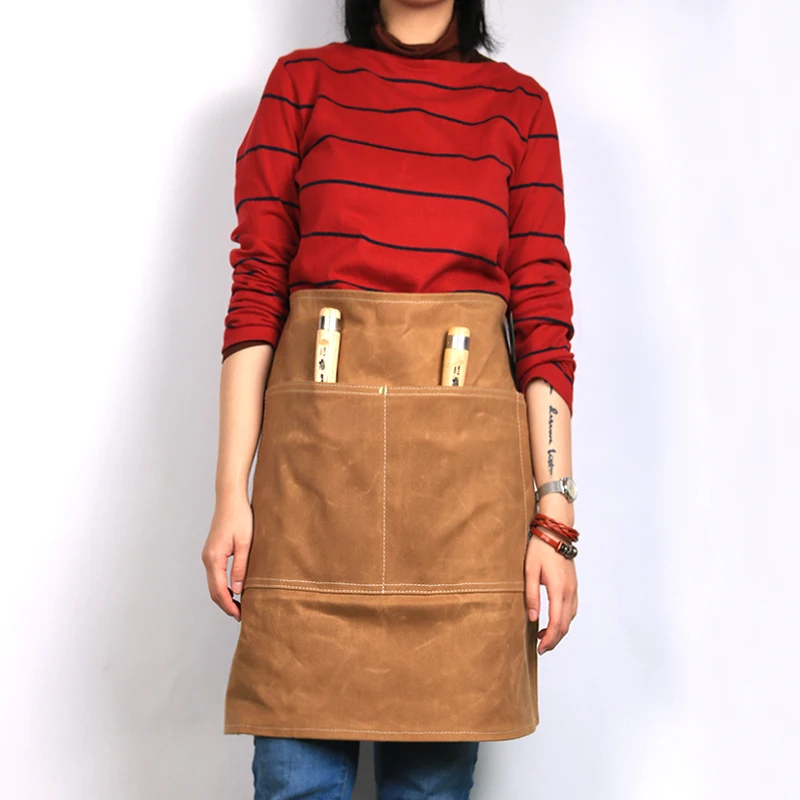 

WEEYI Professional Brown Heavy Duty Wax Canvas Half Carpenter Aprons with Pockets and Real Leather Straps for Men&Women S to XXL