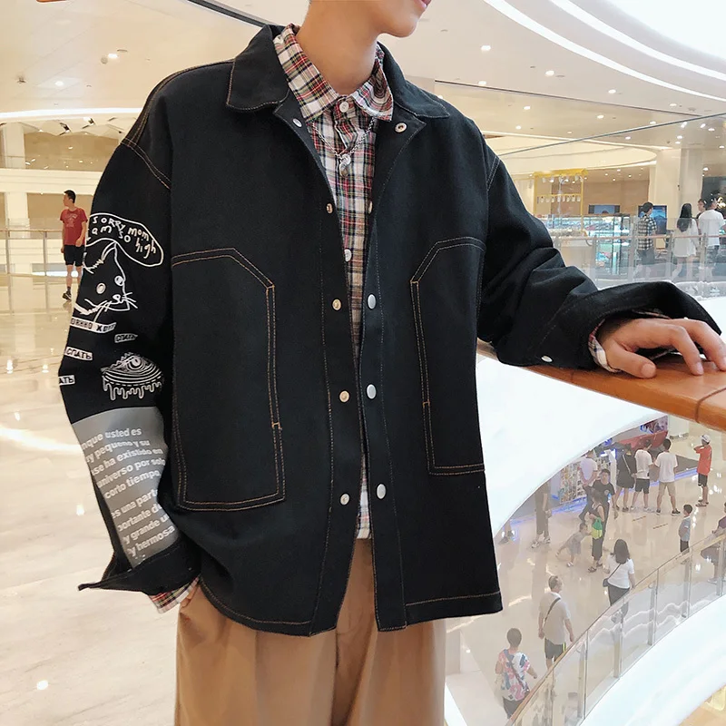 

Fashion Casual Men's Denim Jacket Spring And Autumn New M-5XL Print Loose Top Jacket Black And White Personality Youth Popular