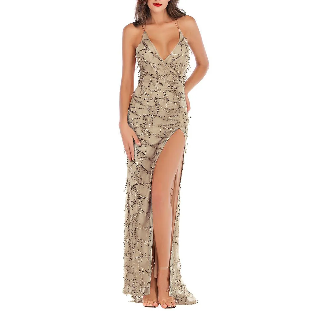 

FREE OSTRICH Women's Fashion Sexy Tassel Dress Solid Sleeveless Shining Sequin Floor-Length Dress Formal Party Elegant Wear