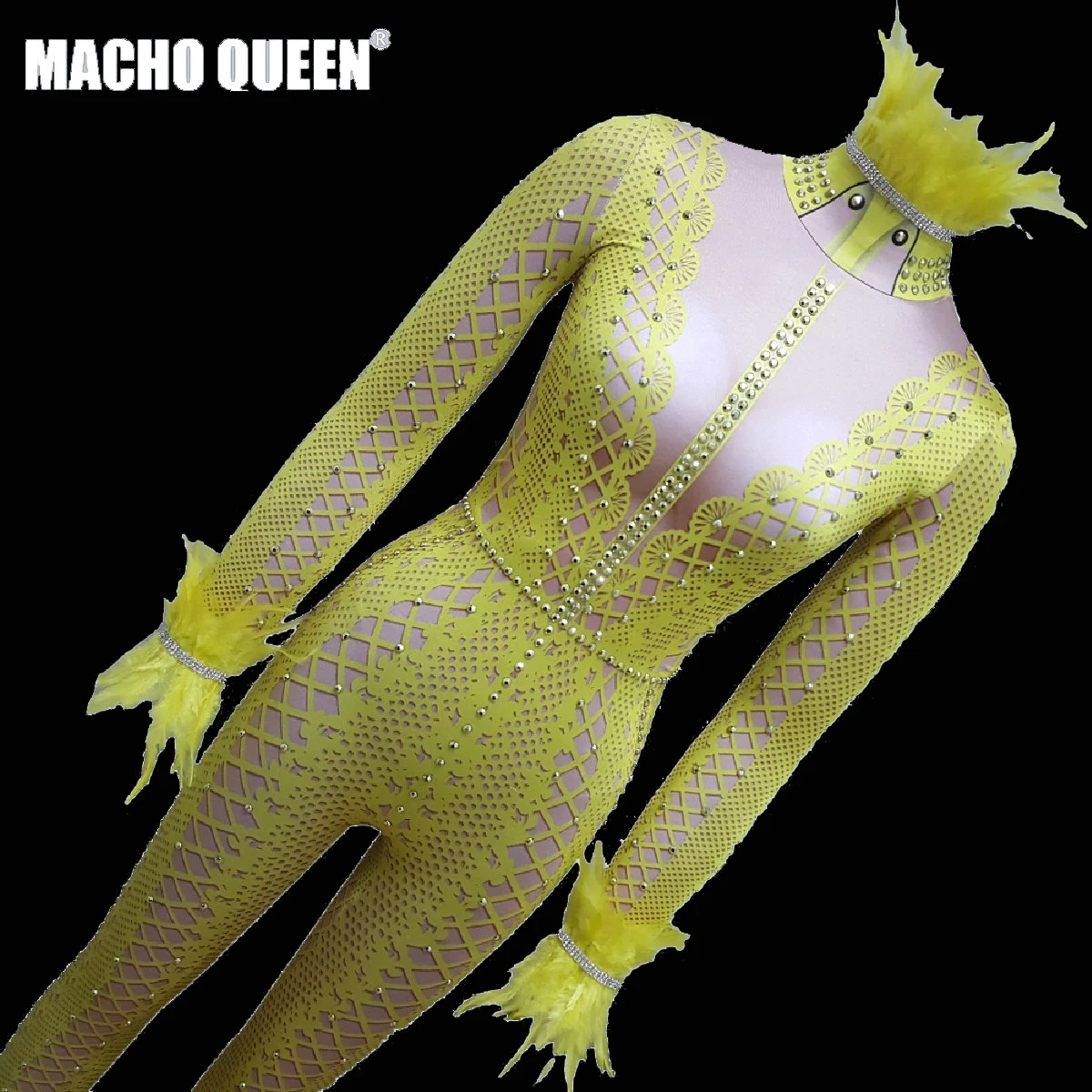 Feather Drag Queen Costumes Stage Dance Wear Yellow Lace Rhinestone