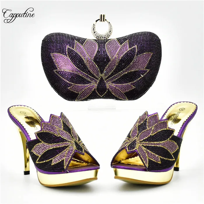 Wonderful party set matching thin high heel shoes and clutch handbag set with stones XY07 in purple, heel height 10cm