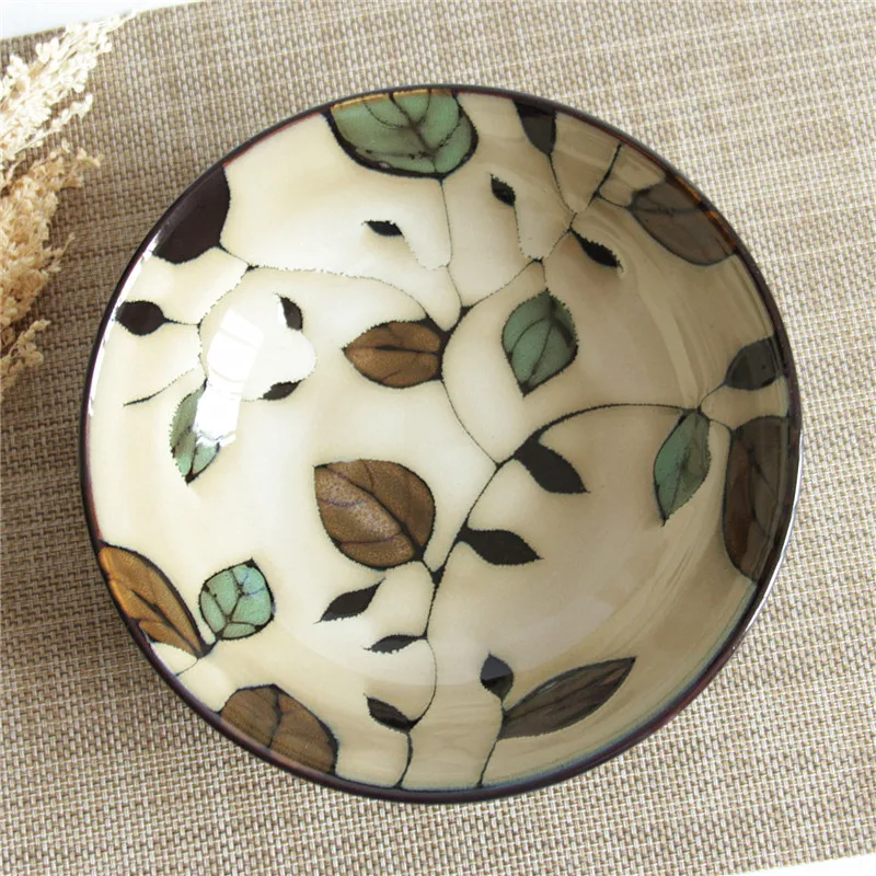 

EECAMAIL Retro Country Porcelain Tableware Japanese-style Kiln Change Glaze Vines Flower Steak Plate Salad Plate Rice Bowl