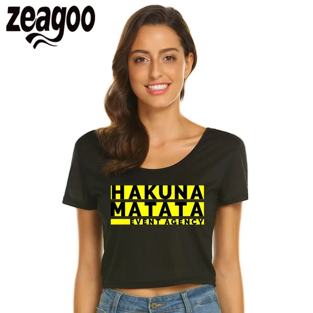 Zeagoo Акуна Повседневное круглым вырезом короткий рукав одноцветное открытым пупком футболка Для женщин Матата ивент-агентство