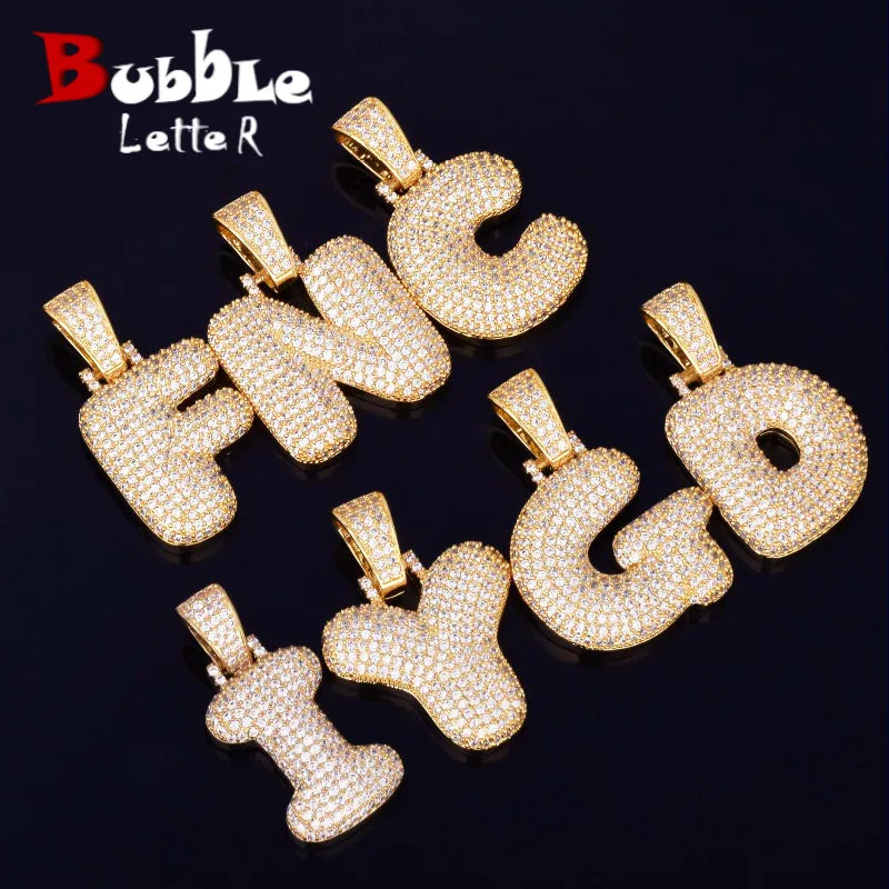 Letter Bubble A-Z Colares Únicos para Homens e Mulheres, Corrente Pingente, Zircão Cúbico, Jóias Hip Hop, Cor Dourada, Presentes