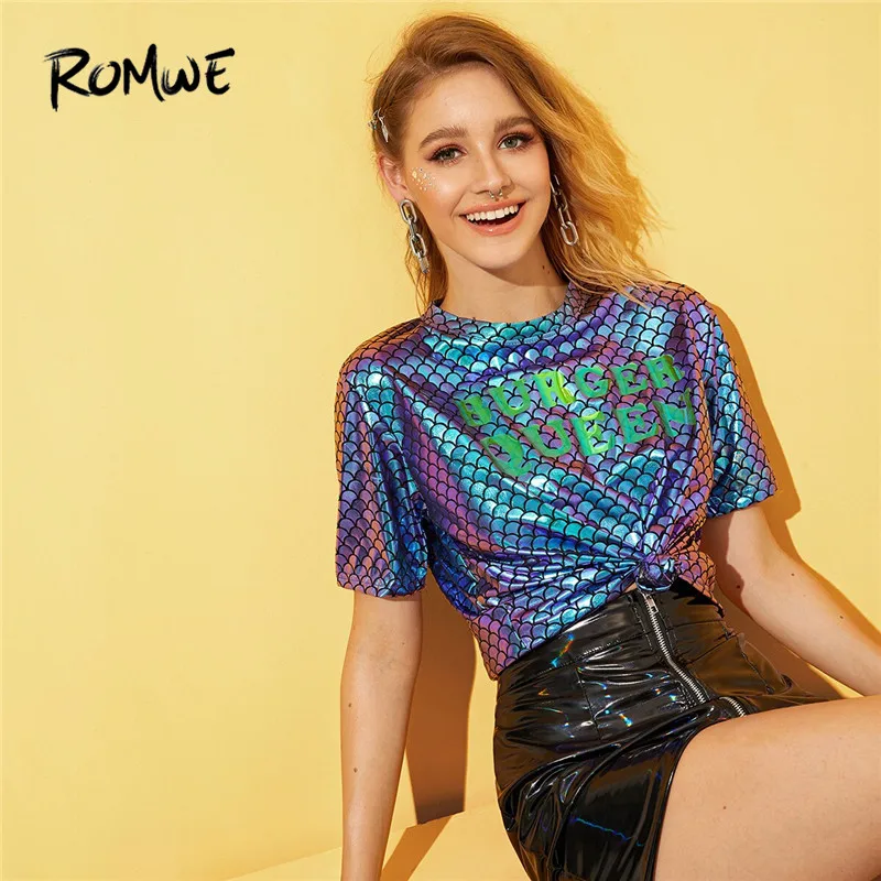 

ROMWE Woman High Street Letter And Fish Scale Print Purple Metallic Tees Edgy Fashion Streetwear Short Sleeve Summer T Shirts
