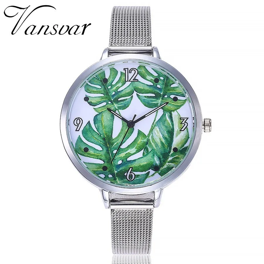 

Vansvar Brand Women Creative Palm Leaves Watch Fashion Casual Ladies Silver Mesh Quartz Dress Wristwatches Relogio Feminino