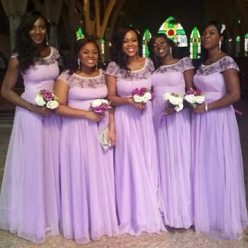 Nigerian Bridesmaid Dress Lavender Cap Sleeve A Line Plus Size Cheap Long Formal Bridesmaid Dresses Scoop Wedding Gowns