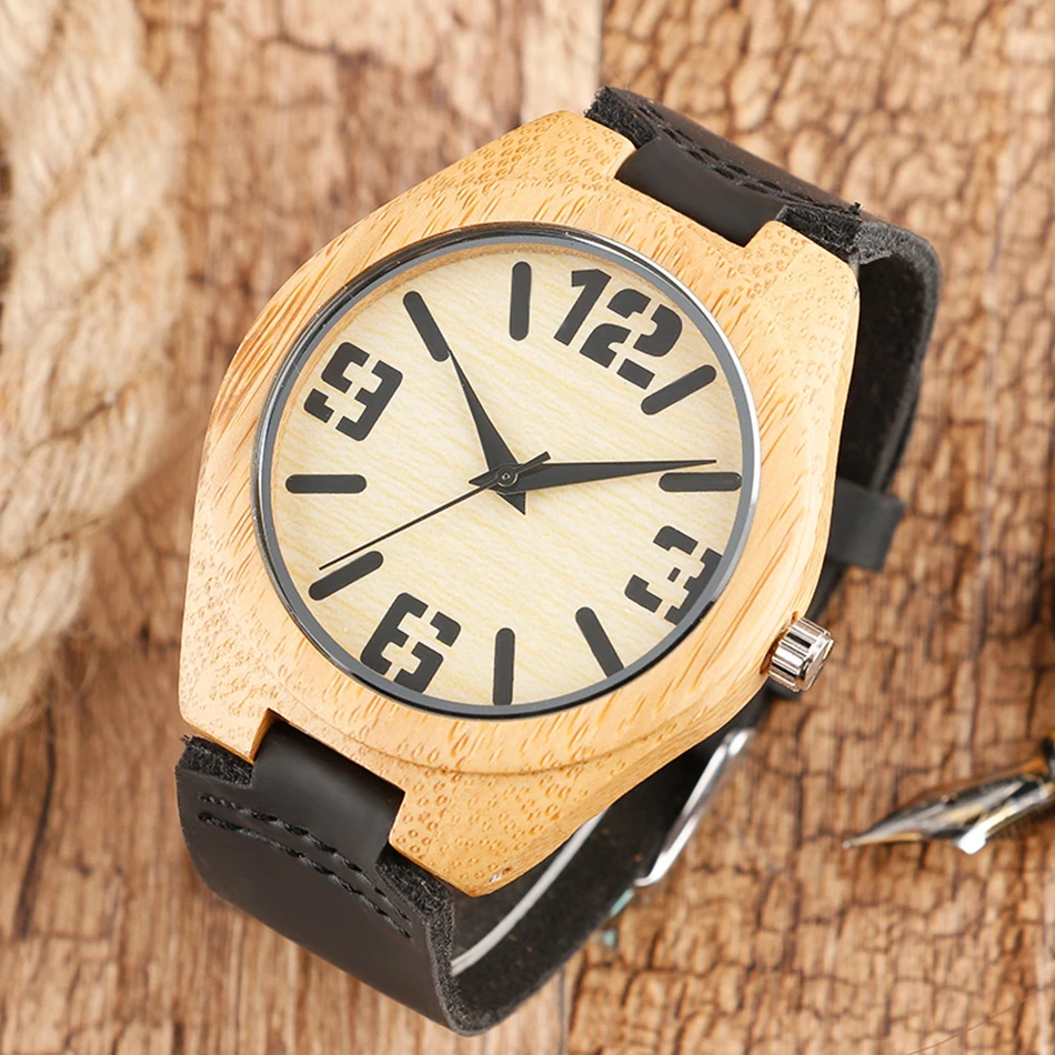 Minimalist Wrist Watch Men Handmade Bamboo Wood Clock Sport Creative Bangle Black Genuine Leather Band Strap Modern Style Gift (10)