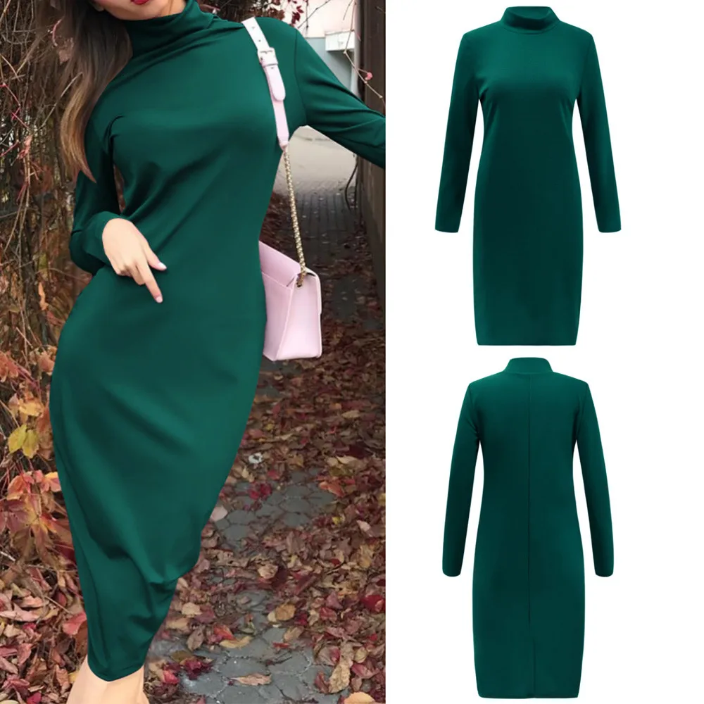

Spring Long Women Dress Long Sleeve Fashion Maxi Dress Turtleneck Solid Color Sexy Party Pencil Dress Vestidos Verano Mujer 2019