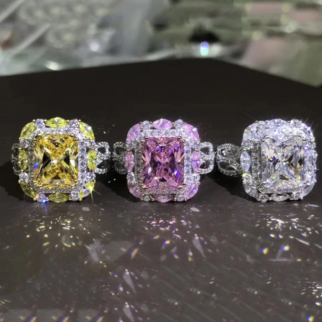 

3 Color Big CZ Zircon Stone Silver Rings for Women Fashion Wedding Engagement Jewelry 2018 New
