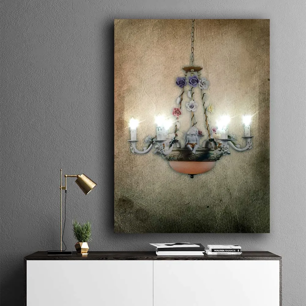 Modern Still Life Painting Canvas Art Crystal Chandelier Pattern Led Wall Picture Retro Background Crystal Chandelier With Flowers Design Canvas Art Light Up Painting Artwork